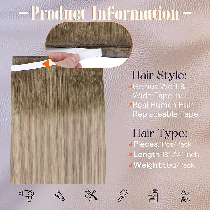 Full Shine Genius Weft Hair Extensions Human Hair Color 8 Ash Brown Ombre 60 Blonde And 18 Dark Ash BLonde Invisible Skin Weft Tape in Extensions Long Tape Weft 20 Inch A Piece 50G for Daily Wear
