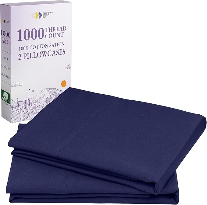 California Design Den King Pillow Cases Set of 2-1000 Thread Count Sateen, Soft and Thick 100% Cotton King Size Pillow Cases, Durable - Navy Blue