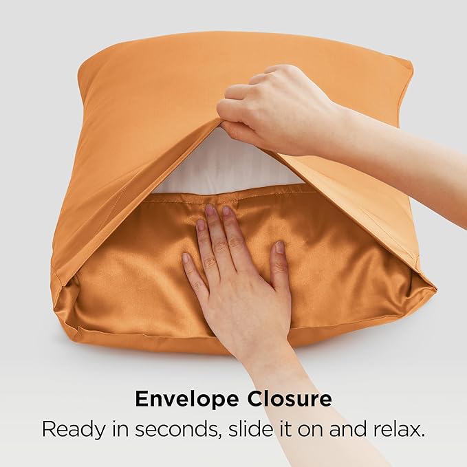 Bedsure Satin Pillowcase 2 Pack Similar to Silk Pillow Cases Standard Size, Pillow Case for Sleeping Women with Envelope Closure, Gifts for Women Men, Orange, 20x26 Inches, 2pcs