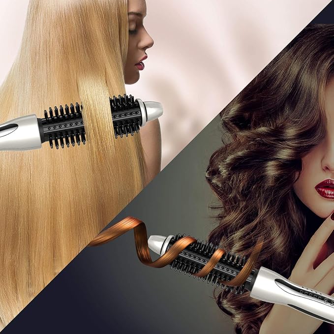 MIRACOMB Hair Curler Straightening Brush - Ceramic Tourmaline Flat Curling Iron - Cool Touch Round Brush PRO Multi Styler with 5 Heat Adjustments, 1 Inch Barrel, White (Enhanced)