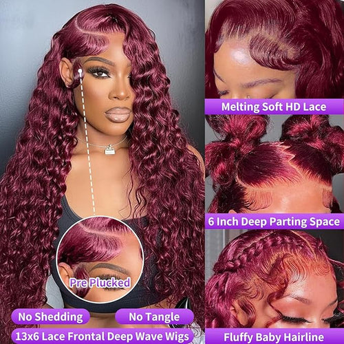 18 Inch 99J Burgundy Lace Front Wigs Human Hair Deep Wave 13x6 HD Lace Front Wigs Pre Plucked with Baby Hair Wet and Wavy Human Hair Wig 200% Density Deep Curly Frontal Wigs for Black Women