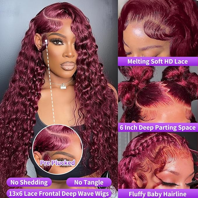 30 Inch 99J Burgundy Lace Front Wigs Human Hair Deep Wave 13x6 HD Lace Front Wigs Pre Plucked with Baby Hair Wet and Wavy Human Hair Wig 200% Density Deep Curly Frontal Wigs for Black Women