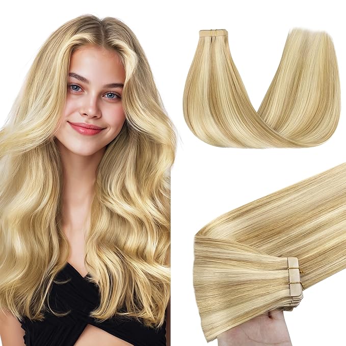 GOO GOO Tape in Hair Extensions Human Hair, 18D/22F Dirty Blonde Highlights, 24inch 50g 20pcs, Skin Weft Seamless Invisible, Silky Straight with Thick Ends, Remy Human Hair