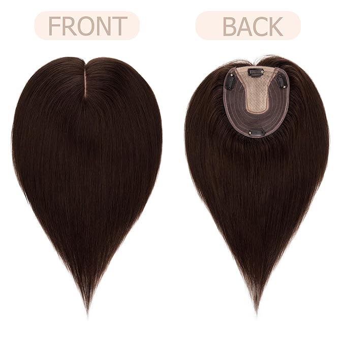 Hair Toppers for Women Real Human Hair No Bangs, 13 * 15 cm Larger Silk Base 150% Density Clip In Topper Hairpieces, Wiglet Top Pieces Add Volume -12 Inch 02 Dark Brown