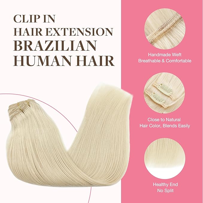 GOO GOO Clip in Hair Extensions Real Human Hair, Remy Human Hair Extensions Clip ins for Women, Natural Human Hair, 16inch 150g 9Pcs, 60A Platinum Blonde
