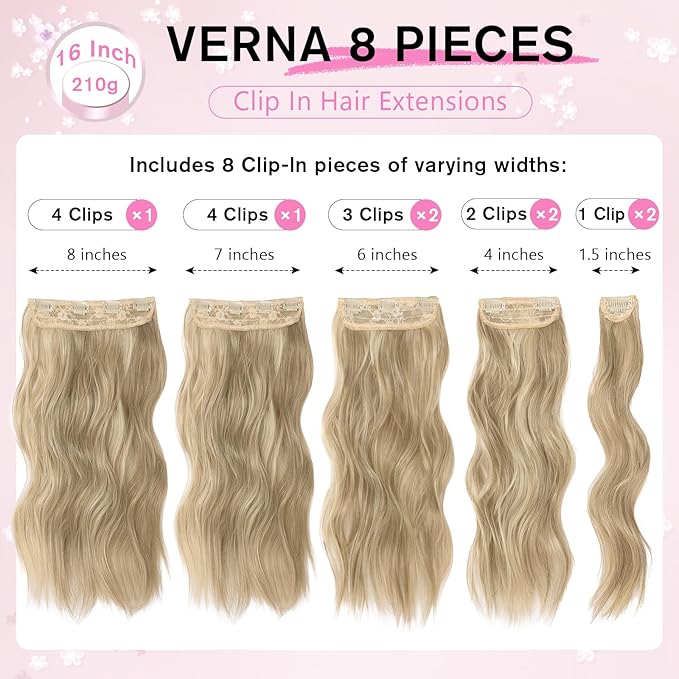 Hair Extensions for Women, 8PCS 16 Inch Ash Blonde Mixed Light Blonde Clip in Hair Extensions Clip Ins, Synthetic Wavy Full Head Thick Hairpieces for Women