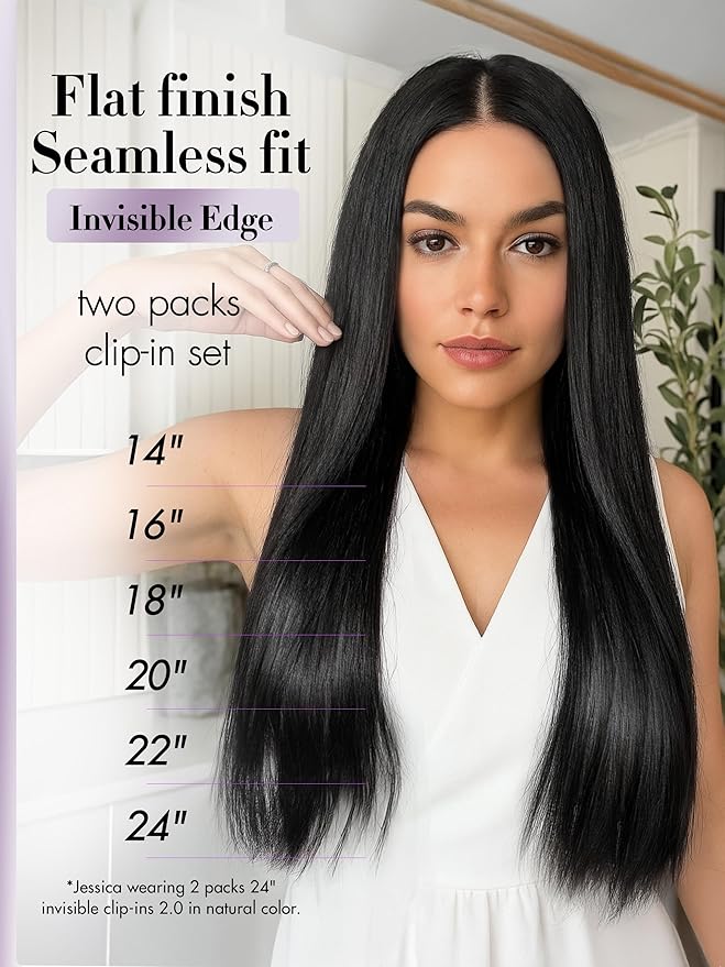 LUVME Invisible Clip in Hair Extensions Real Human Hair, 16 inch 2 Pack 220g 12Pcs, Natural Black Remy Human Hair Extensions Clip ins for Women, Natural Human Hair