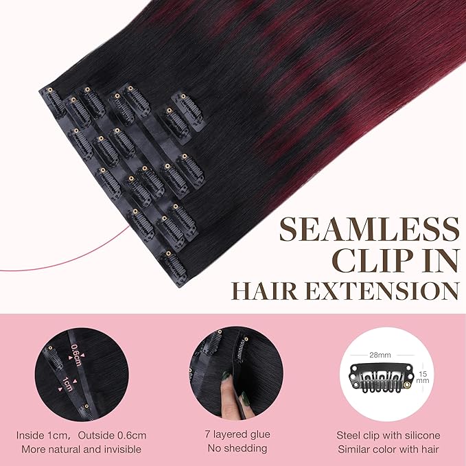 GOO GOO Clip in Hair Extensions Real Human Hair, Remy Human Hair Extensions Clip ins for Women, Natural Human Hair, 12inch 85g 7 Pcs, #1/99j Balayage Jet Black to Red Seamless Blend