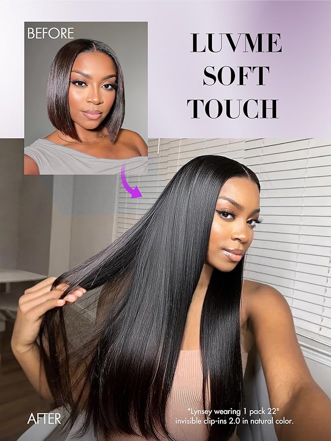 LUVME Invisible Clip in Hair Extensions, Yaki Straight Real Human Hair 24 Inch 2 Pack 220g 12pcs Clip ins Hair Extensions Natural Black for Women