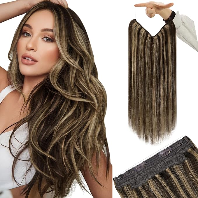 YoungSee 120G Wire Hair Extensions Highlight Invisible Wire Hair Extensions Real Human Hair Dark Brown Highlight Blonde Human Hair Headband Extensions Easy to Wear 18inch