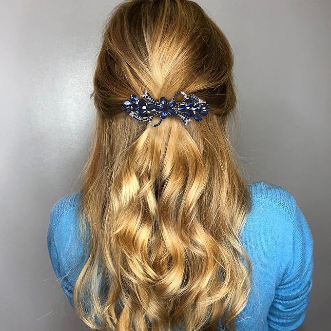 Joez Wonderful Rhinestone Hair Clip Sparkly Crystal Barrettes French Wedding Prom Engagement Pageant First Communion Hair Decorative Accessories for Women Long Hair (Bow Blue, 1 Pcs)
