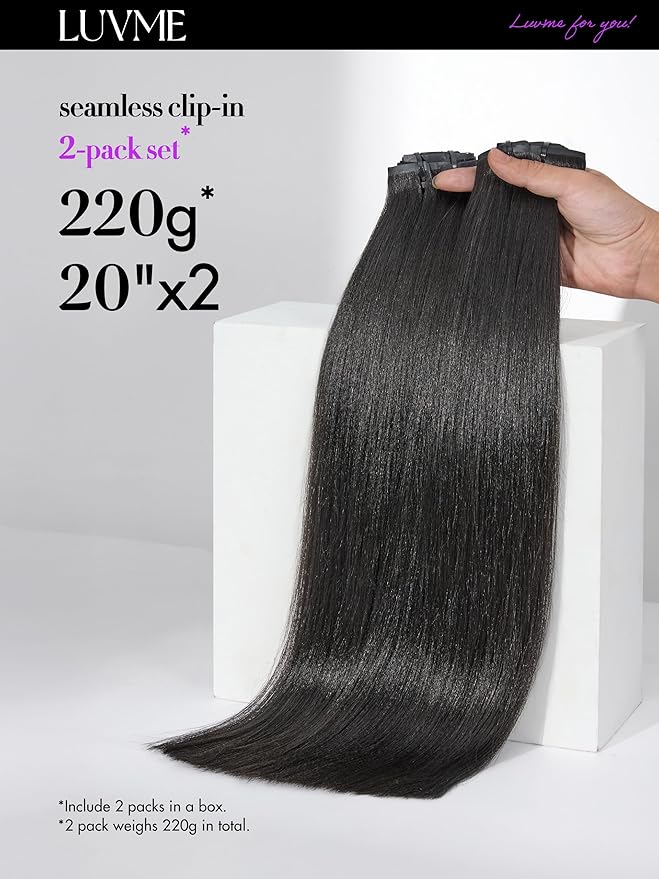 LUVME Yaki Straight LUVME Seamless 2 Pack 220g 14Pcs Clip in Hair Extensions Full Max with 18inch Remy Human Hair Extensions, Natural Black 100% Real Soft Human Hair