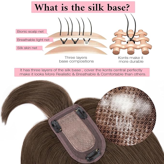 SEGO 100% Real Human Hair Toppers, with Air Bangs, Silk Base 150% Density, Clip in Topper, 2.7肺5.1・ HairPieces for Women, with Thinning/Hair Loss Cover Gray