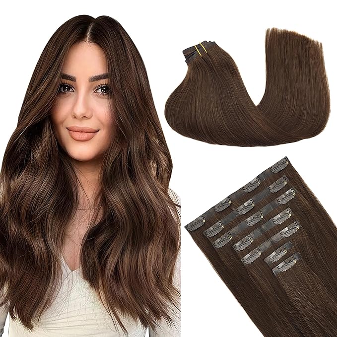 GOO GOO Clip in Hair Extensions Real Human Hair, Remy Human Hair Extensions Clip ins for Women, Natural Human Hair, 22inch 150g 7Pcs, 4A Chocolate Brown
