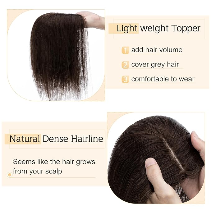 SEGO Hair Toppers for Women Human Hair With Thinning Hair, 7 * 13CM Silk Base 100% Real Human Hair Clip in Top Wiglet Hairpieces -10 Inch No Bangs Dark Brown