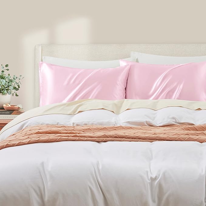 Pink Satin Pillowcase Standard Set of 2 with Envelope Closure，Pink Silk Pillowcase for Hair and Skin (20x26)