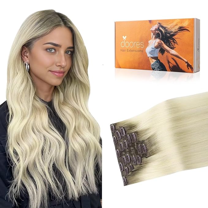 DOORES Hair Extensions Real Human Hair, Light Ash Brown to Ash Blonde 24 Inch 120g 7pcs, Hair Extensions Real Human Hair Clip in Remy Hair Extensions Natural Hair Extensions Straight