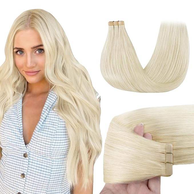 GOO GOO Tape in Hair Extensions Human Hair, 60A Platinum Blonde, 16inch 50g 20pcs, Skin Weft Seamless Invisible, Silky Straight with Thick Ends, Remy Human Hair