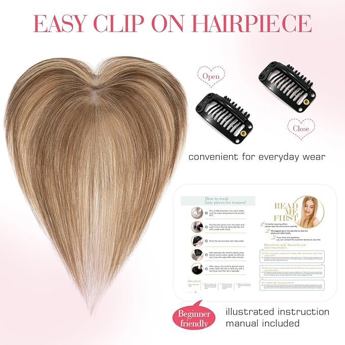 Hairro Human Hair Toppers For Women Wispy Thin Short Wiglet Hairpieces Natural No Bang Middle Part Side Bangs Hair Clip 14.5g #4P27 Medium Brown Mix Dark Blonde