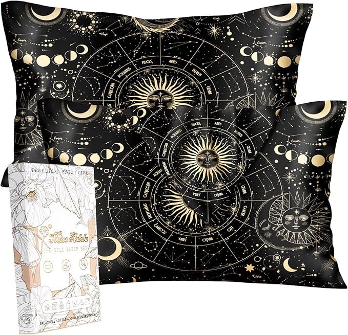 2 Pack Mulberry Silk Pillowcase for Hair and Skin - Standard Size 20 x 26 Inches with Hidden Zipper Sun Moon 19 Momme Soft Sleeping Silk Pillow Case for Women, Moms