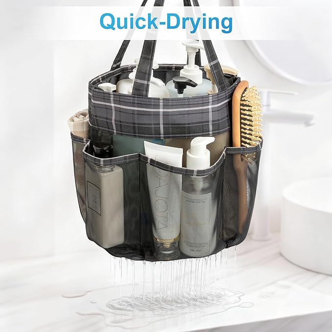 Mesh Shower Caddy Portable, Bathroom Caddy Organizer for College Dorm Essentials, Hanging Shower Tote Bag with 7 Pockets for Beach, Swimming, Gym camping Grey Black Checkered