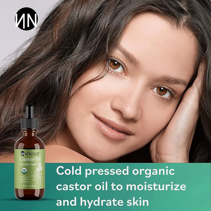 Natnique Castor Oil – USDA Certified Organic, 100% Pure Cold Pressed Unrefined Oil for Hair Growth, Eyelashes, Eyebrows & Scalp – Natural Skin Moisturizer, Lash Serum & Hair Treatment (2 Oz)