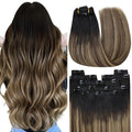 YoungSee Balayage Clip in Hair Extensions Black Ombre Clip ins Extensions Natural Black to Blonde with Brown Balayage Clip in Hair Extensions Real Human Hair Natural Hair for Women 22Inch 120G 7Pcs