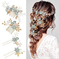 Wedding Flower Hair Accessories for Women: 4pcs Leaf and Flower Hair Combs for Women Accessories - Crystal Pearl Wedding Flower Clips Headpiece for Brides Bridesmaids Girls Updo (Green)
