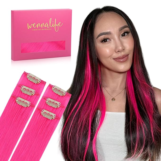 WENNALIFE Hot Pink Clip in Hair Extensions Real Human Hair 35g 6pcs 16 Inch Colored Hair Extensions for Kids Women Colorful Hair Pieces Pop-up Style Straight Extensiones De Cabello Humano Con Clip