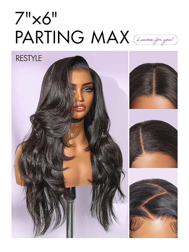LUVME HAIR 7x6 All-Day Comfor Wig PartingMax Lace Wigs 200% Density Yaki Straight Lace Front Wigs Human Hair Pre Cut Plucked Lace Frontal Glueless 22 Inches Natural Black Color