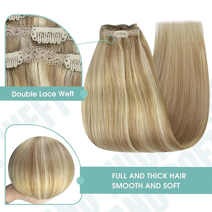 YoungSee Blonde Clip in Hair Extensions Highlighs Honey Blonde Human Hair Clip in Extensions Strawberry Blond Highlights Real Human Hair Extensions Clip ins 22inch 120g