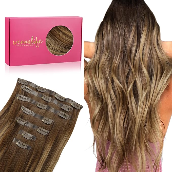 WENNALIFE Seamless Clip In Hair Extensions, 18 Inch 130g 7pcs Balayage Chocolate Brown to Caramel Blonde Hair Extensions Clip in Human Hair Invisible PU Skin Weft Natural Remy Human Hair Extensions