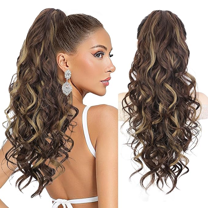 QGZ 20" Wavy Ponytail Extension, Claw Clip Ponytail Hair Extension, Natural Synthetic Hairpiece for Women Daily Use(Dark Brown with Highlights)