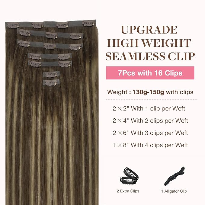 GOO GOO Clip in Hair Extensions Real Human Hair, Remy Human Hair Extensions Clip ins for Women, Natural Human Hair, 16inch 130g 7Pcs, 4/26/4 Balayage Chocolate Brown to Honey Blonde