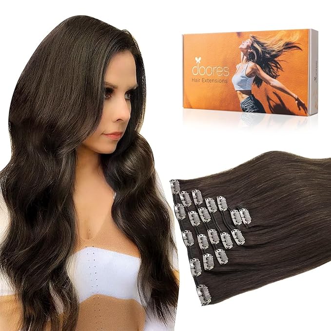 DOORES Clip in Human Hair Extensions, Light Dark Brown 12 Inch 80g 7pcs, Real Remy Hair Extensions Natural Straight