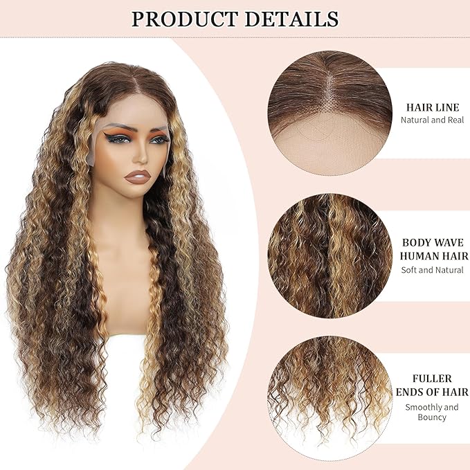 38Inch Highlight Ombre Human Hair Wigs 13x6 HD Honey Blonde Deep Wave Lace Front Wigs Human Hair 180 Density Glueless Deep Wave 4/27 Colored Wet and Wavy Curly Wig Pre Plucked for Women