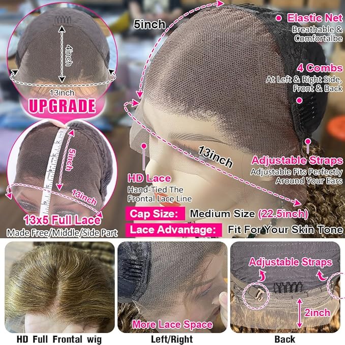 CYNOSURE 16 Inch Highlight Ombre Deep Curly Lace Front Wigs Human Hair Pre Plucked 180 Density Honey Blonde Jerry Curly Wig Human Hair 13x5 HD Transparent Lace Frontal Wigs Human Hair for Women