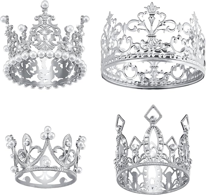 Ferraycle 4 Pieces Silver Crown Cake Topper Birthday Mini Flower Bouquet Crown Cupcake Toppers Crystal Pearl Tiara Wedding Cake Top Hair Ornament for Doll Flower Arrangements Wedding