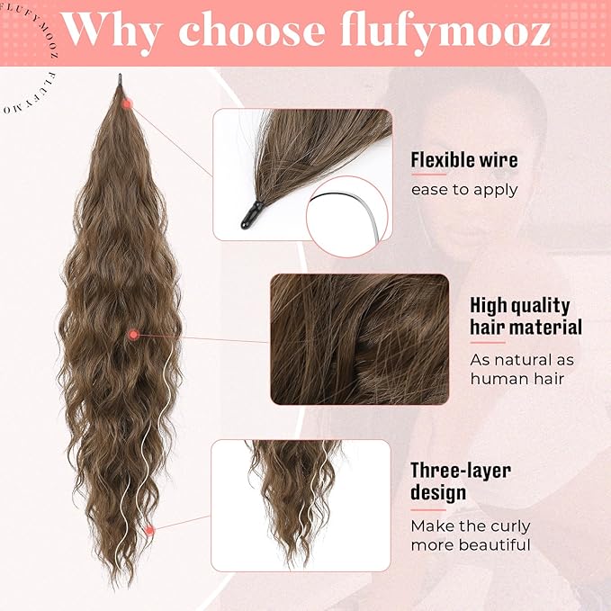Flufymooz Ponytail Extension, Flexible Wrap Around Ponytail Extension Long Wavy Curly Ponytail Hair Extensions Natural pony tail Synthetic Hairpiece for Women 32 Inch (Light Brown)