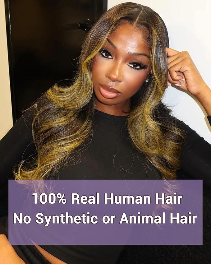 Body Wave 2x6 HD Lace Closure Highlight Yellow Golden Blonde On Chocolate Brown Color Human Hair Transparent Lace Closure 2x6 Long Middle Part 100% Raw Virgin Human Hair 12 Inch 150% Density