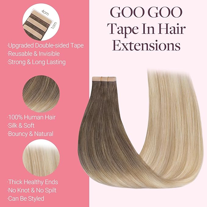 GOO GOO Tape in Hair Extensions Human Hair, 9/18J/60 Chocolate Brown to Champagne Blonde Balayage, 18inch 50g 20pcs, Skin Weft Seamless Invisible, Silky Straight with Thick Ends, Remy Human Hair