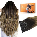 DOORES Hair Extensions Clip in Human Hair, Balayage Dark Brown to Chestnut Brown and Dirty Blonde 100g 14 Inch 7pcs, Remy Clip in Extensions Real Natural Straight Weft