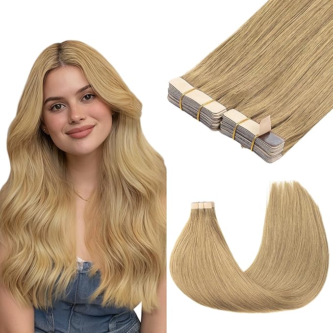 GOO GOO Tape in Hair Extensions Human Hair, 7 Bronde, 18inch 100g 40pcs, Skin Weft Seamless Invisible, Silky Straight with Thick Ends, Remy Human Hair