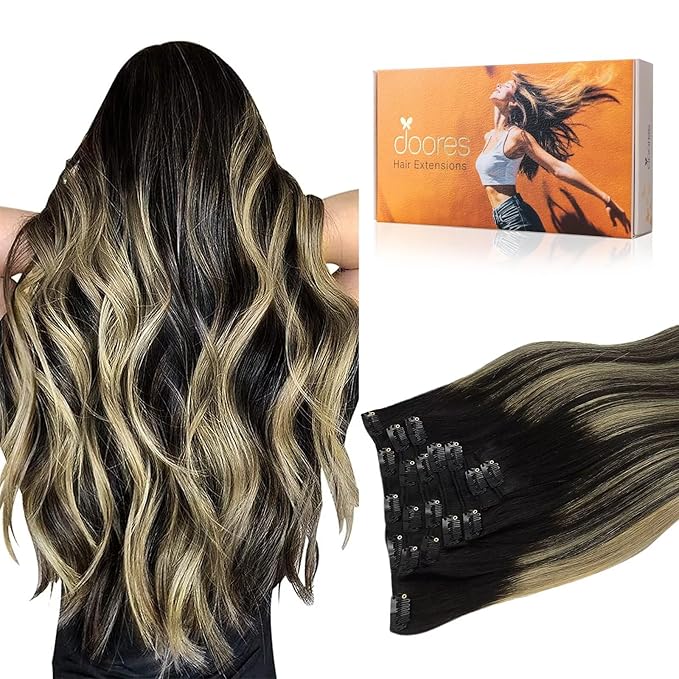 DOORES Clip in Hair Extensions Human Hair, Balayage Natural Black to Light Blonde 7pcs 100g 14 Inch, Remy Hair Extensions Clip in Human Hair Straight Weft