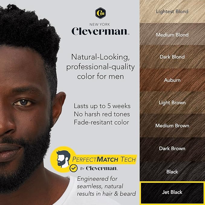 Reusable Hair & Beard Dye System for Men – Up to 5 Uses | 7-Minute Natural-Looking Gray Coverage | No-Drip Cream with SkinArmour® – Cleverman (Jet Black for Black Men)