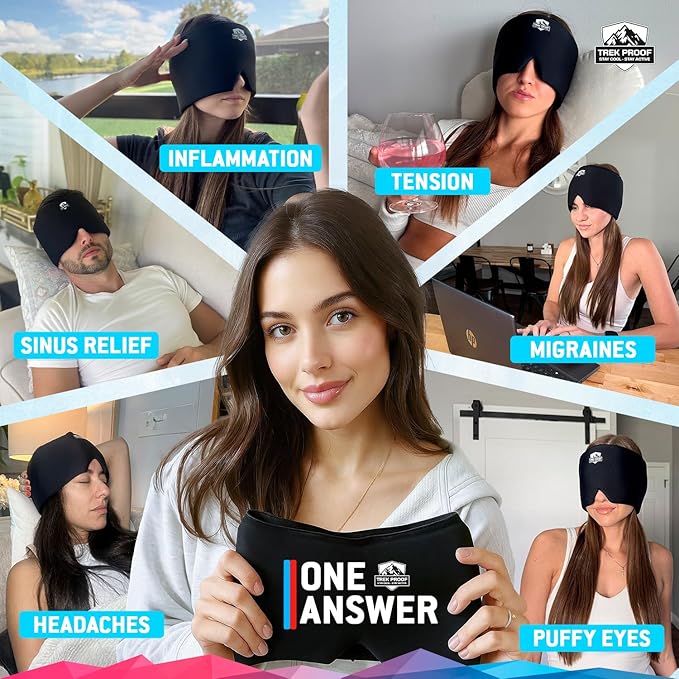 Trekproof Migraine Relief Cap, Cooling Gel Headache Relief Cap, Ice Pack for Face and Eyes, Cooling Migraine Mask, Soothing Cold Therapy Head Ice Pack Head Wrap for Tension, Sinus, Hangovers