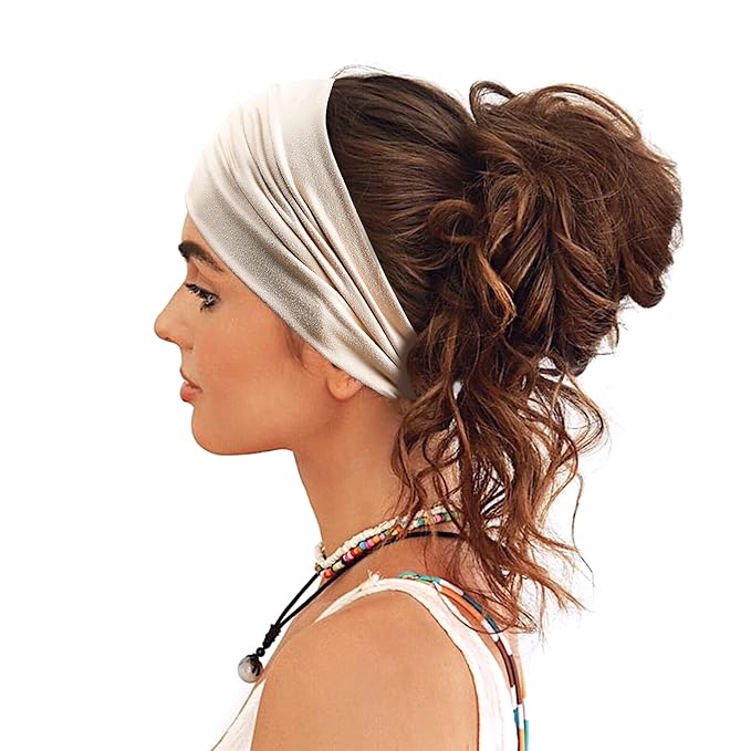 GiLi 2 Pack Wide Headbands for Women Boho African Knotted Non Slip Fashion Hair Bands Yoga Running Sports Workout Gym Head Wraps Elastic Soft Cotton Cloth Turbans Bandana for Girls(Light Grey, Skin)
