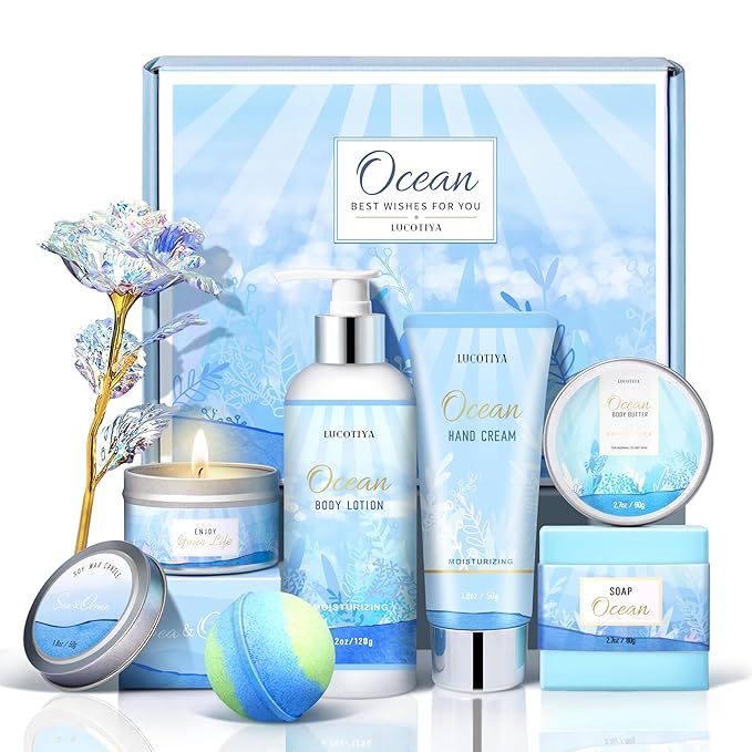 Gifts for Women, Ocean Scented Spa Gift for Women Birthday 7 Luxury Self Care Package, Gift Basket Care Package for Her Wife Mom Friends Female Bff