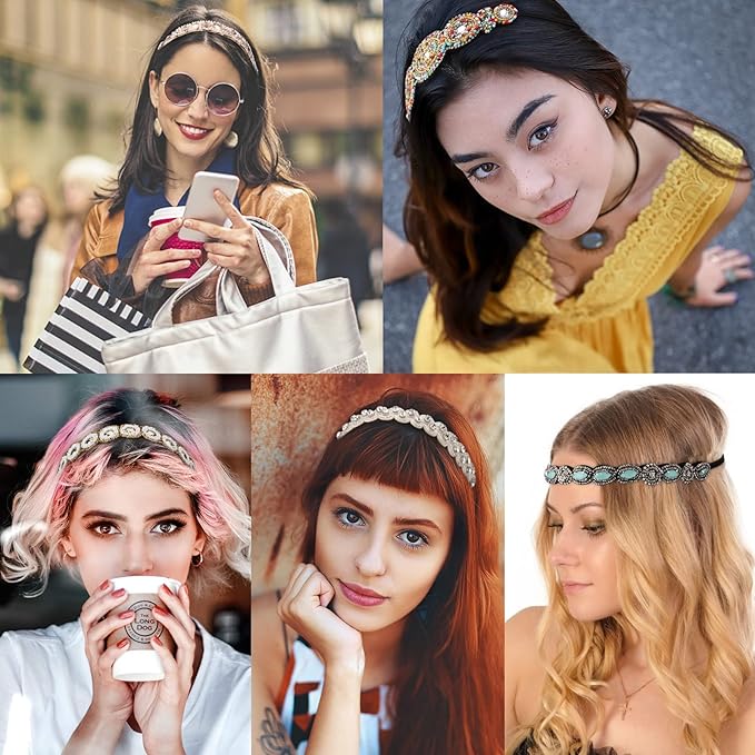 AMCAMI 5Pcs Rhinestone Beaded Headbands for Women Elastic Head Wraps Handmade Crystal Bling Hairbands for Girls Vintage Hair Accessories Party Daily Headwear (C)