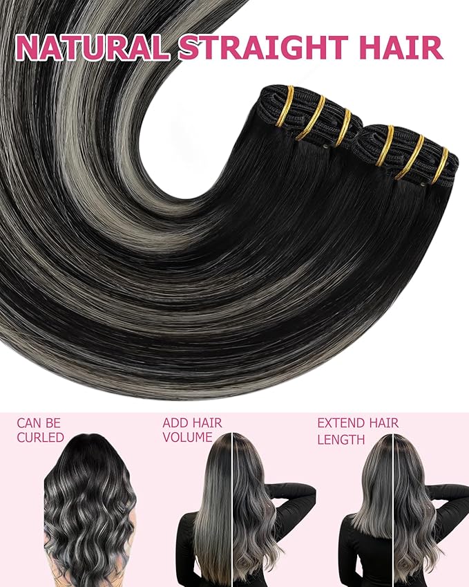 YoungSee Clip in Hair Extensions Real Human Hair Black Balayage Hair Extensions Clip ins Natural Black Roots Sliver Balayage Clip in Extensions Real Human Hair for Women 14Inch 120G 7Pcs